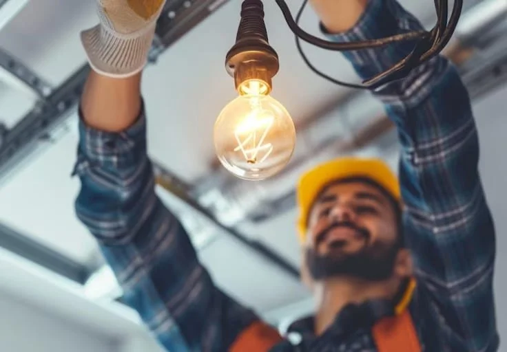 Técnico especializado realizando el cambio de luminarias tradicionales por modernas luminarias LED de alta eficiencia energética. El proceso incluye la instalación de sistemas de control y regulación con dimmers y sensores de presencia para maximizar el ahorro energético y optimizar el diseño de iluminación interior.