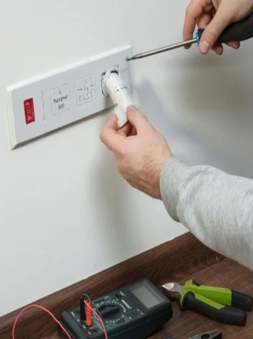 Técnico realizando trabajos de reparación y actualización de enchufes y tomas de corriente, adaptando instalaciones antiguas a normativa actual.