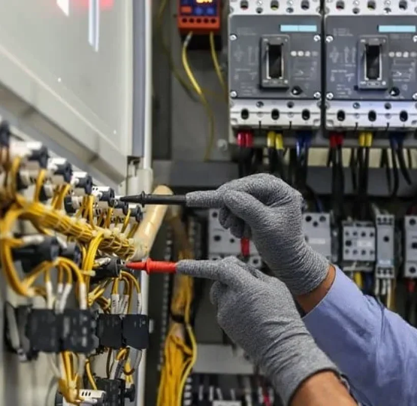 Técnico electricista profesional realizando trabajos de instalación y mantenimiento en un cuadro eléctrico industrial, utilizando herramientas especializadas y equipos de protección.
