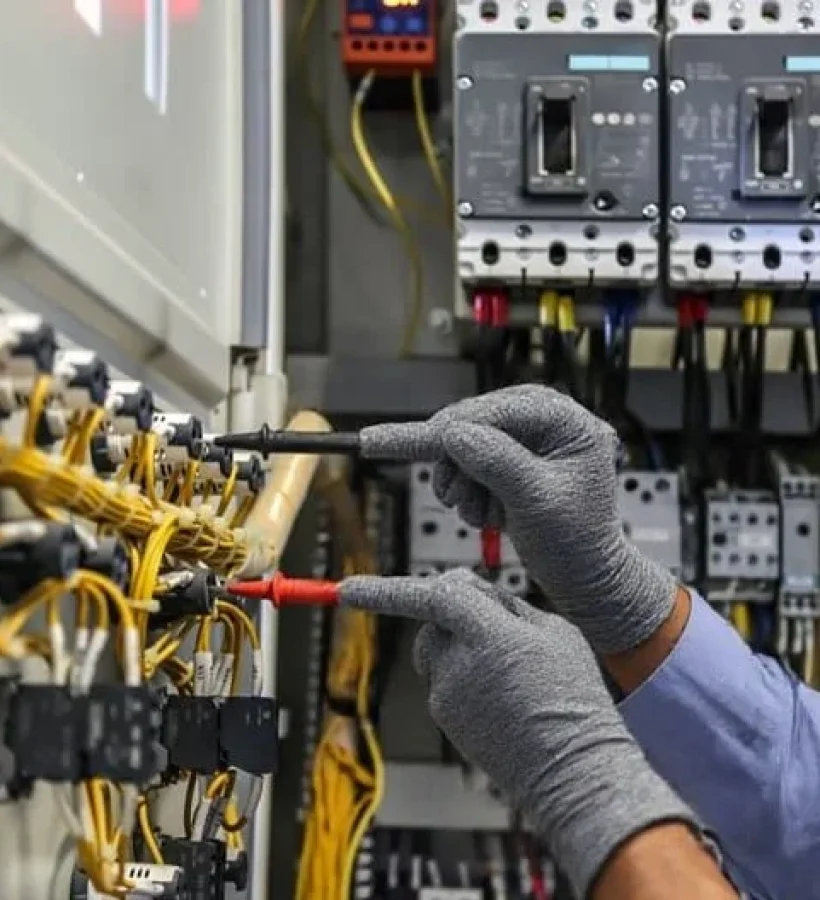 Técnico electricista profesional realizando trabajos de instalación y mantenimiento en un cuadro eléctrico industrial, utilizando herramientas especializadas y equipos de protección.